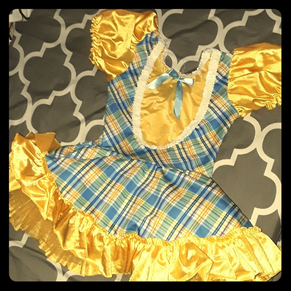 EUC dance costume yellow blue plaid short skirt 8